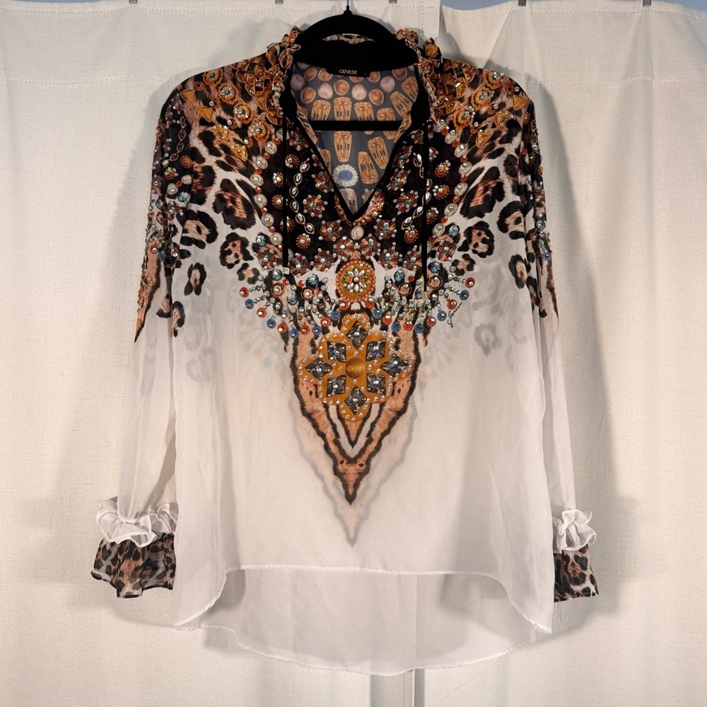 Genese Sheer Leopard Print Rhinestone Embellished Blouse